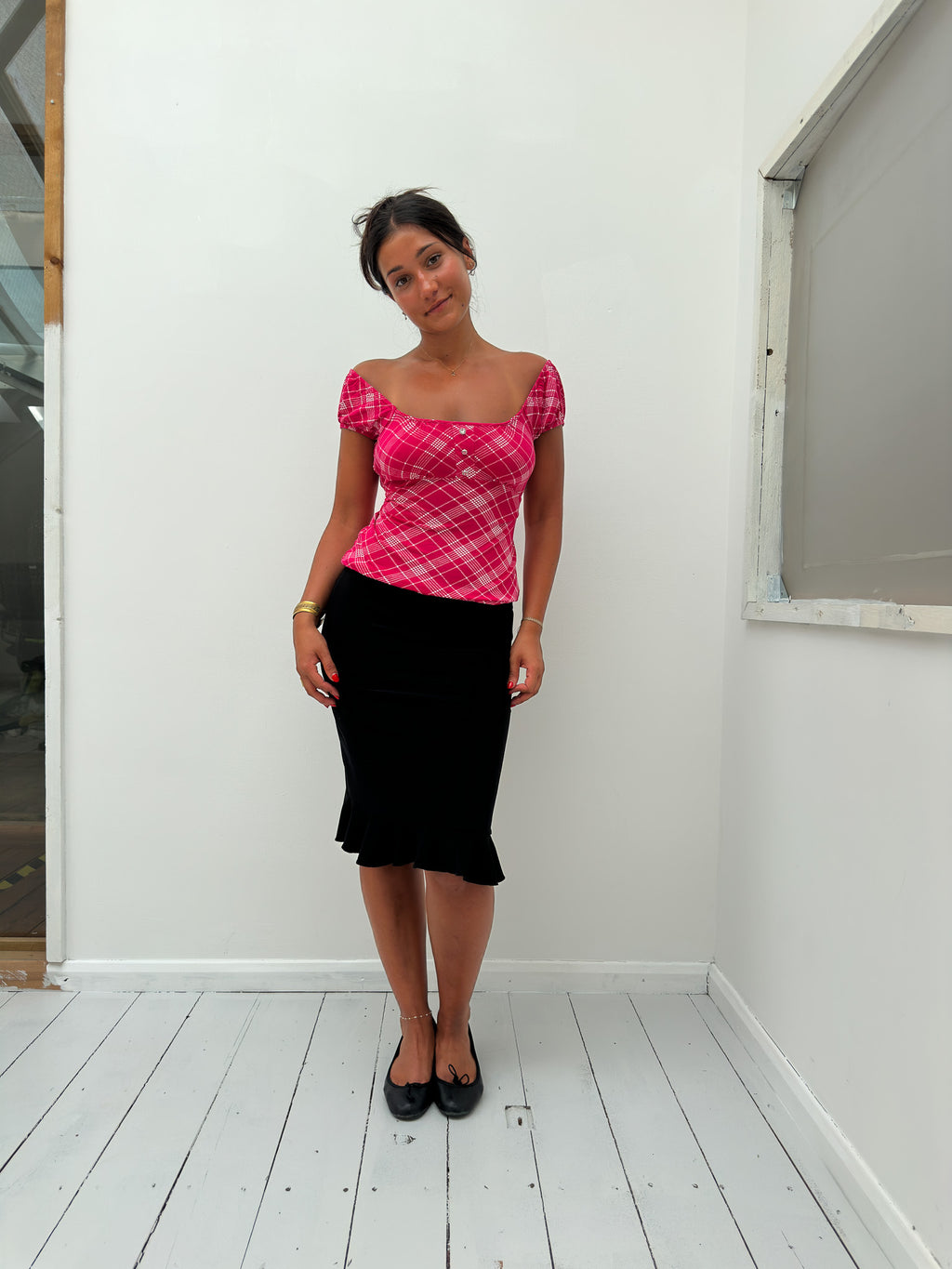 off shoulder checkered top — size S