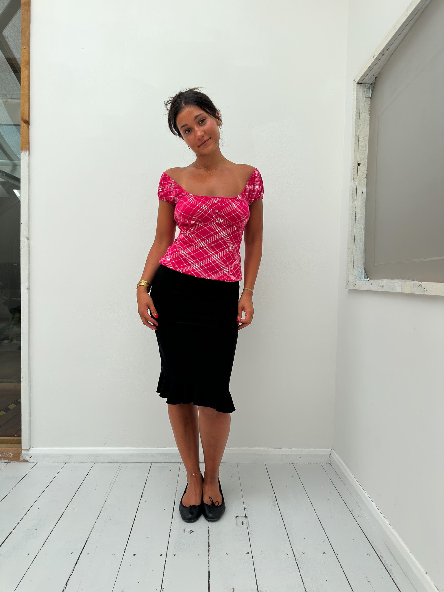 off shoulder checkered top — size S
