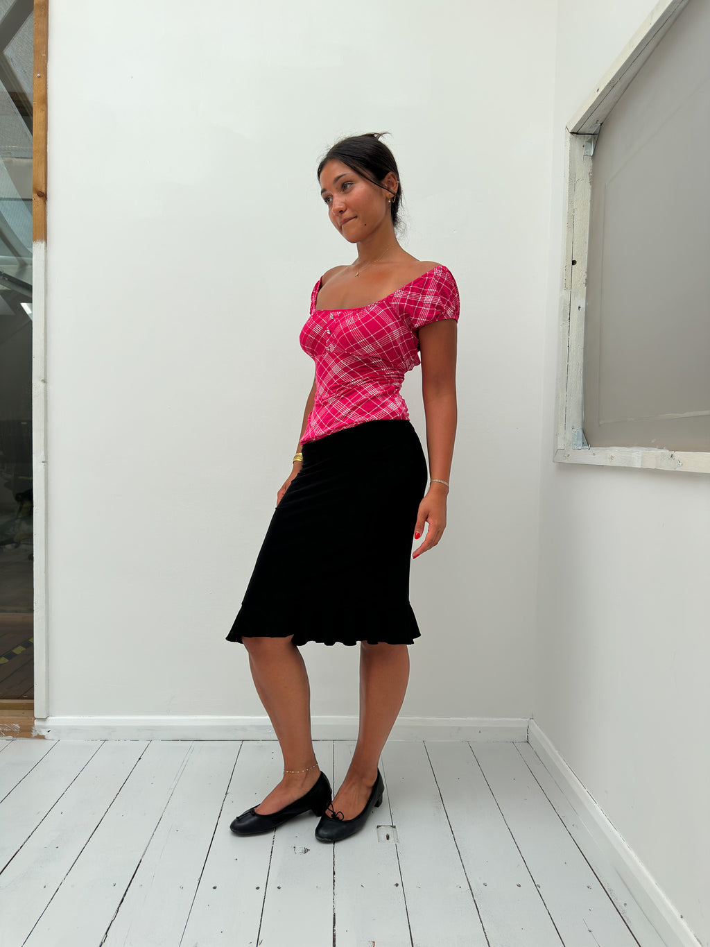 off shoulder checkered top — size S