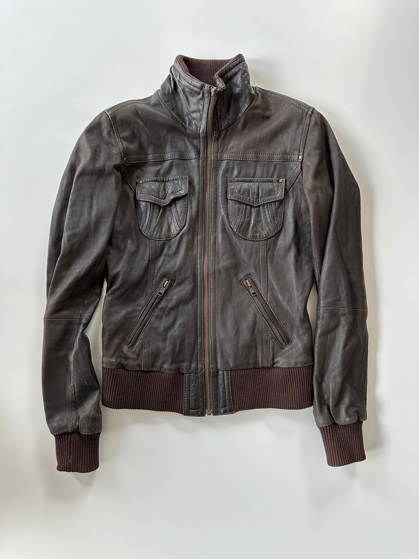 Brown Leather Bomber Jacket • Size S