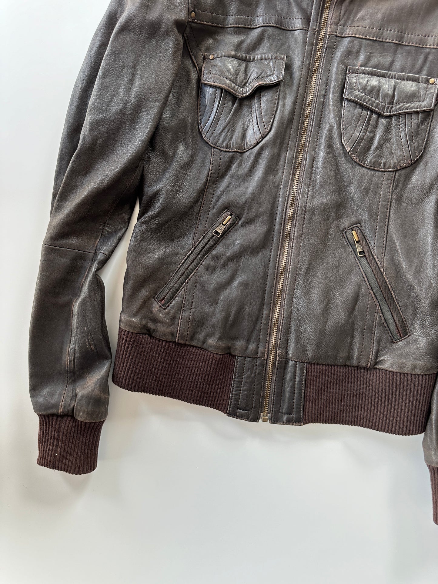 Brown Leather Bomber Jacket • Size S