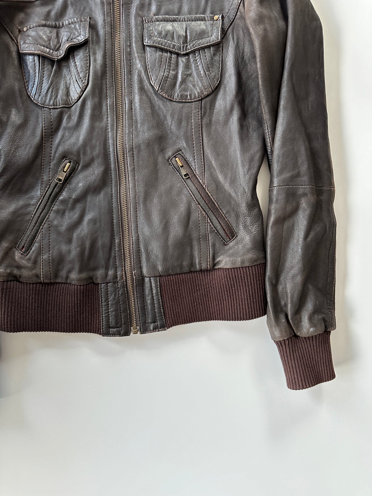 Brown Leather Bomber Jacket • Size S