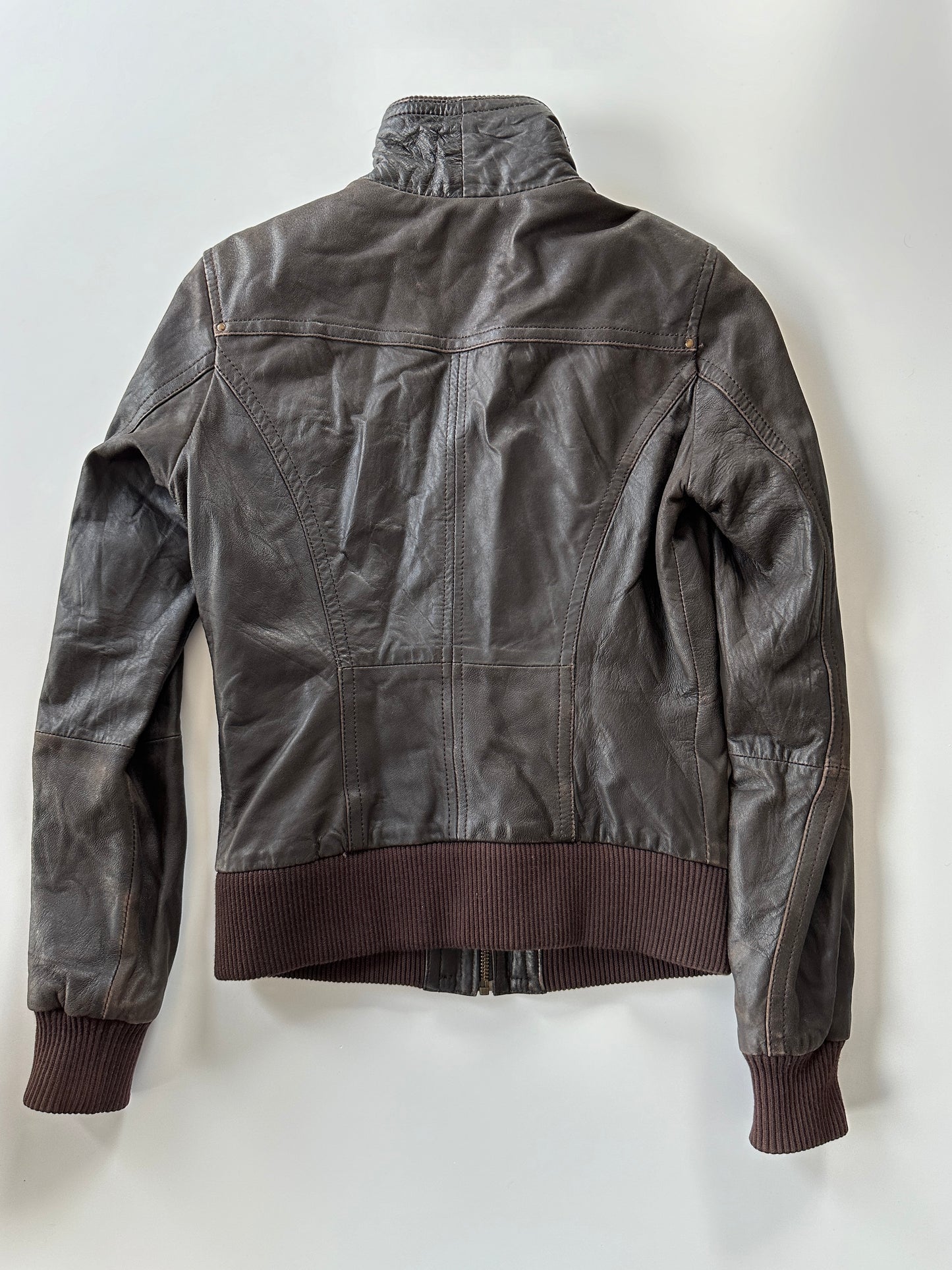 Brown Leather Bomber Jacket • Size S