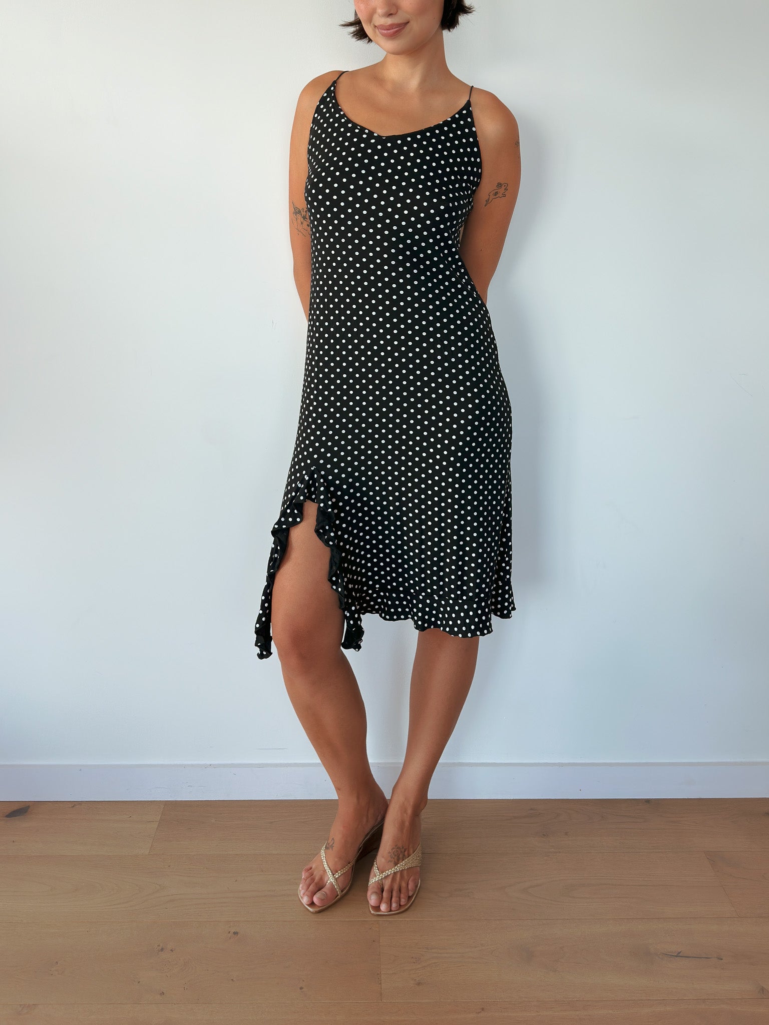 asymmetric polka dot dress — size S