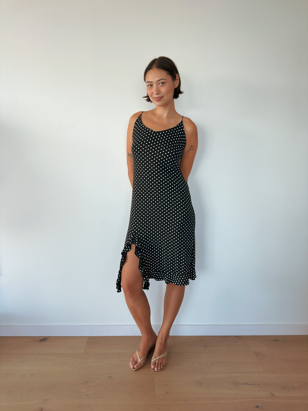 asymmetric polka dot dress — size S
