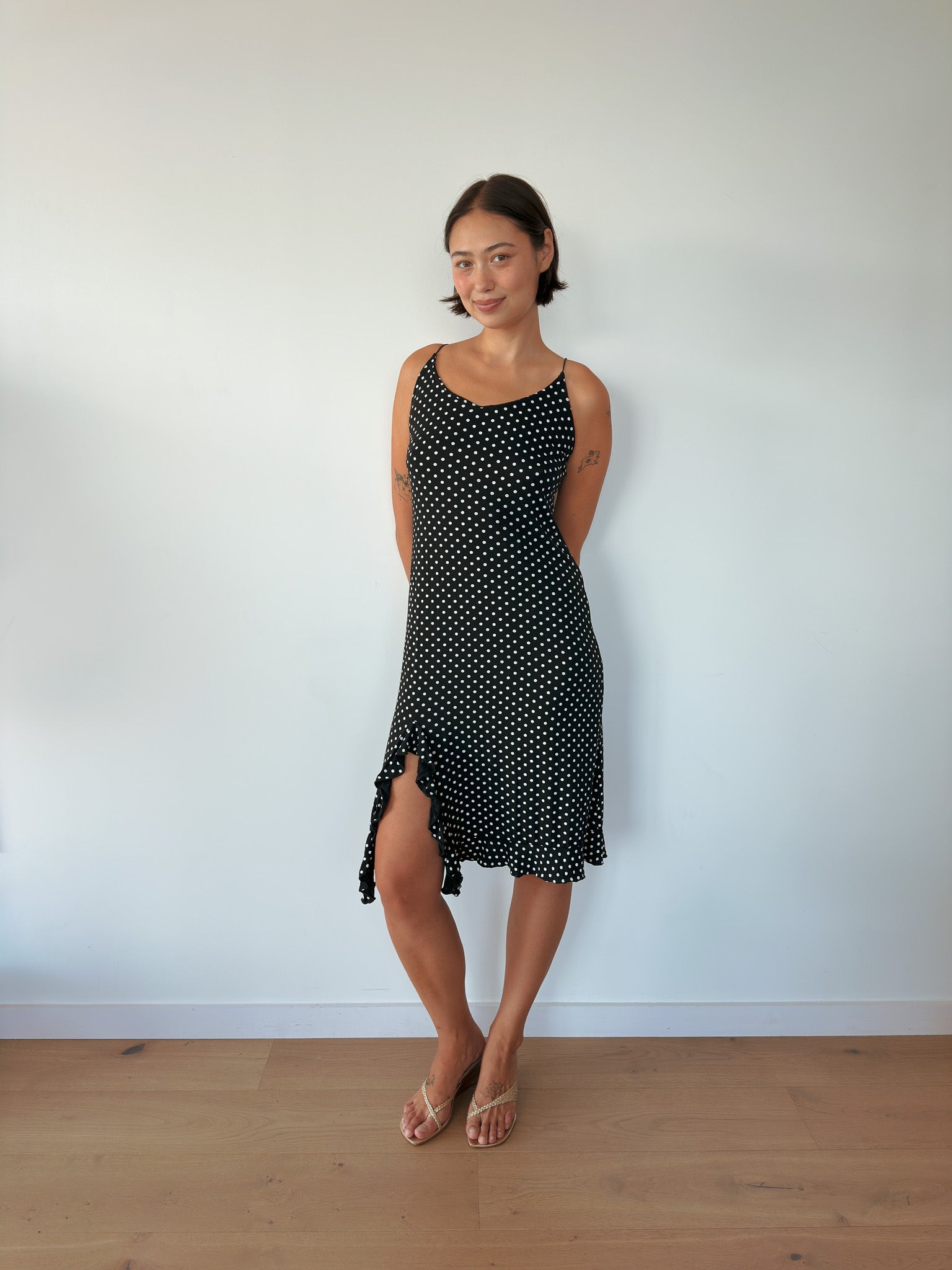 asymmetric polka dot dress — size S