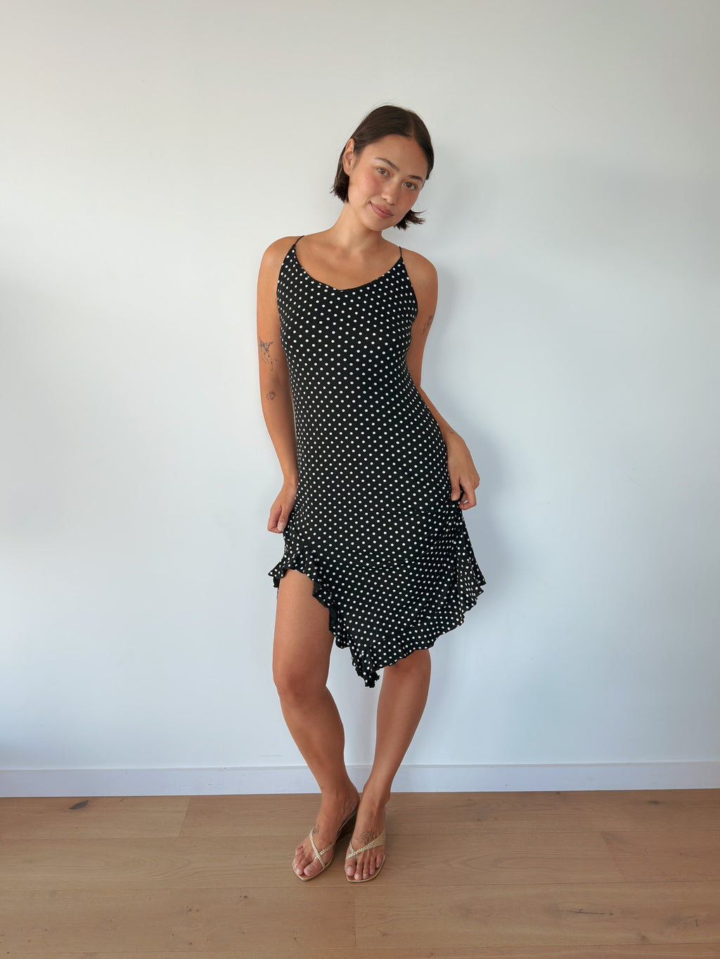 asymmetric polka dot dress — size S