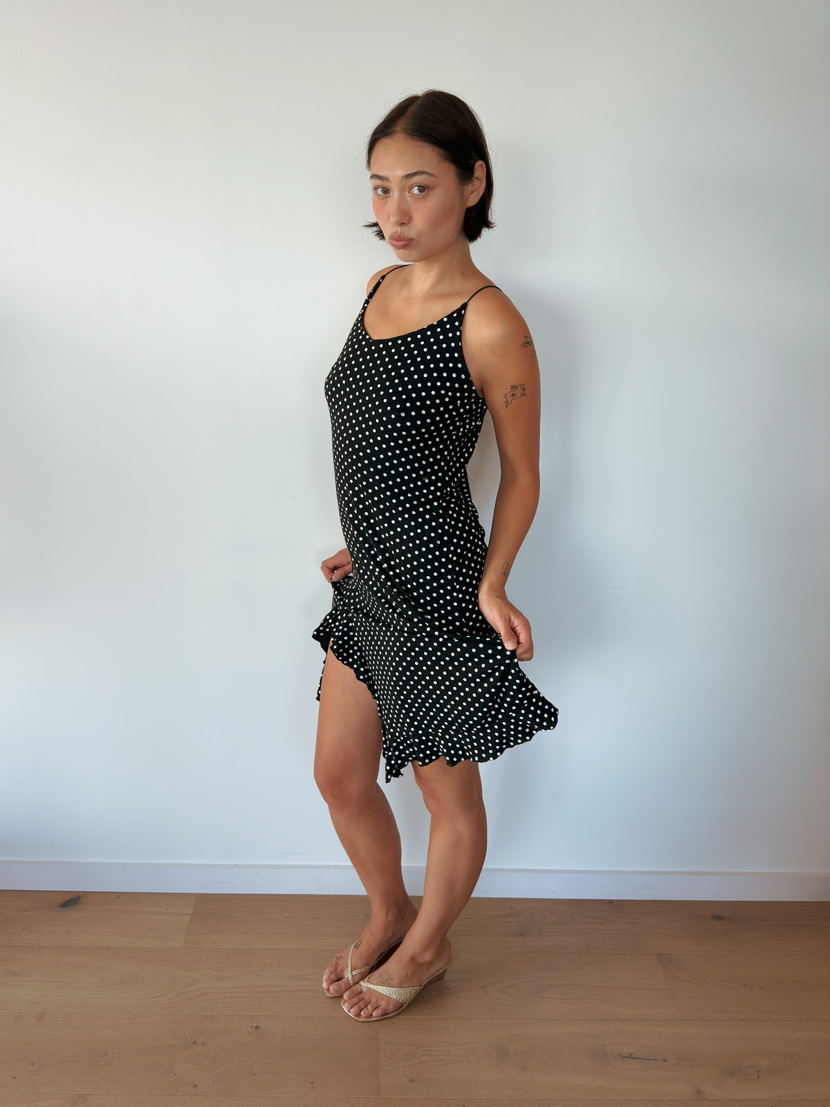 asymmetric polka dot dress — size S