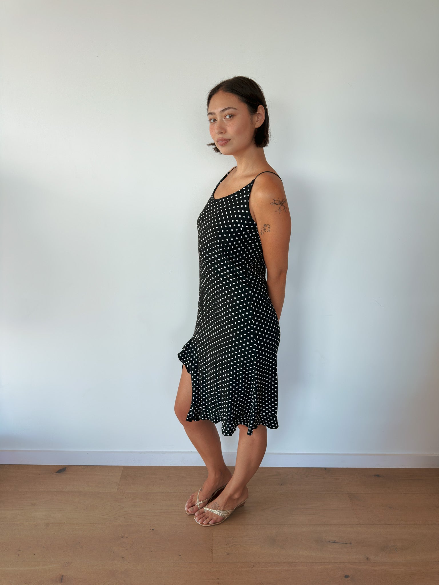 asymmetric polka dot dress — size S