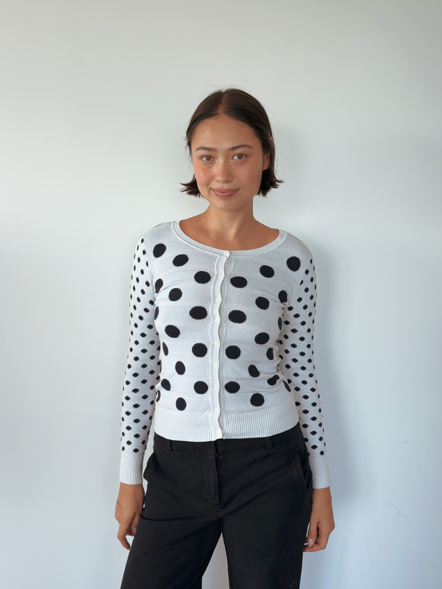 polka dot knit cardigan — size XS-S