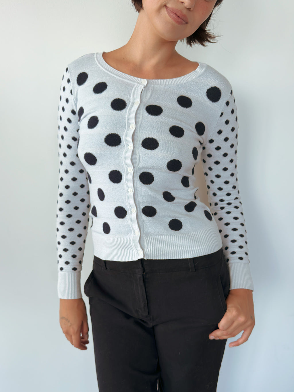 polka dot knit cardigan — size XS-S