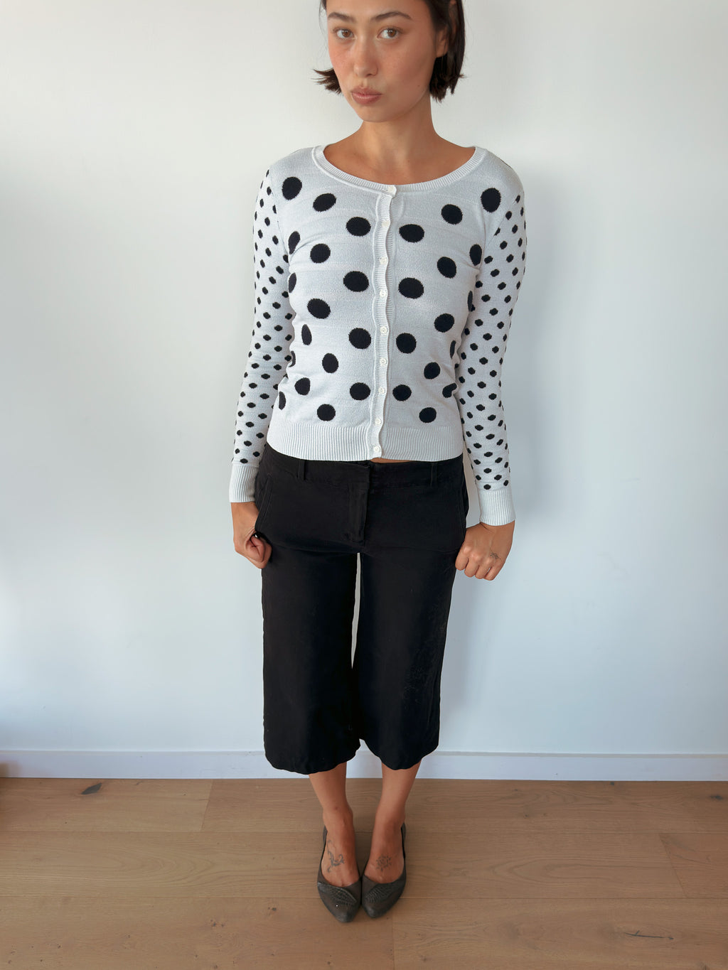polka dot knit cardigan — size XS-S