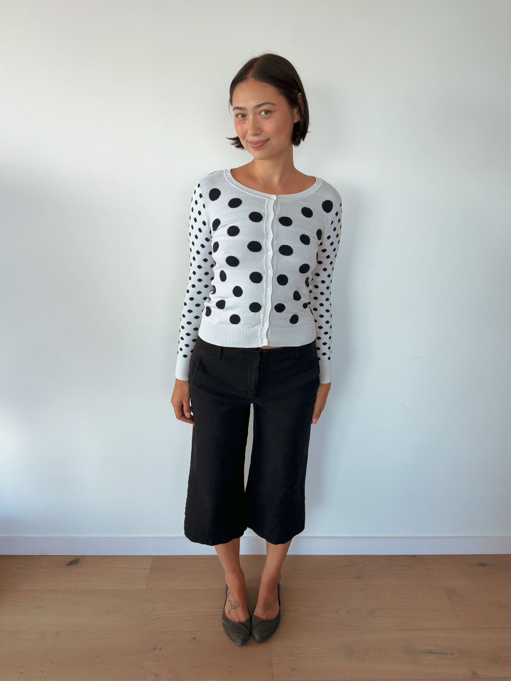 polka dot knit cardigan — size XS-S