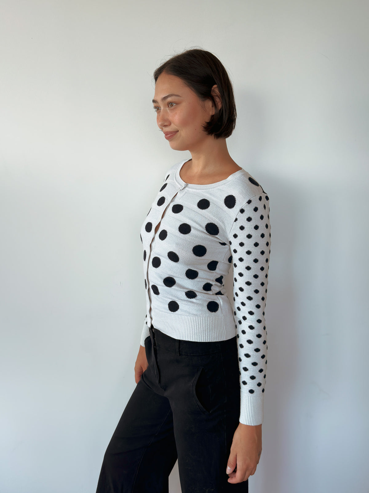 polka dot knit cardigan — size XS-S