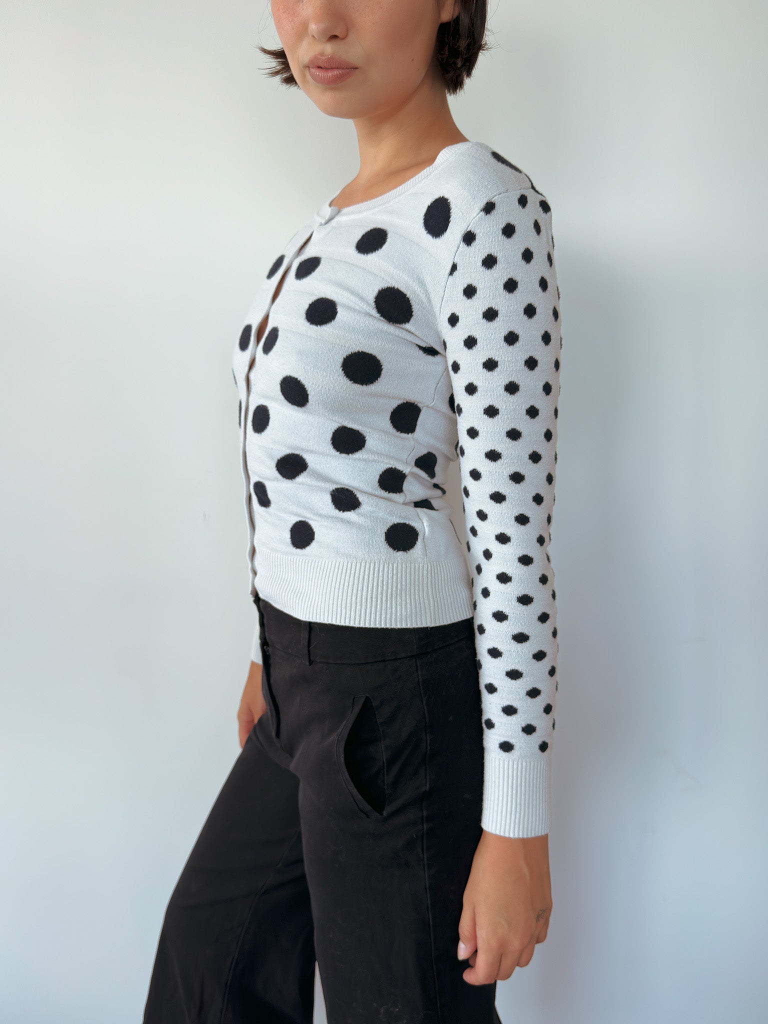 polka dot knit cardigan — size XS-S