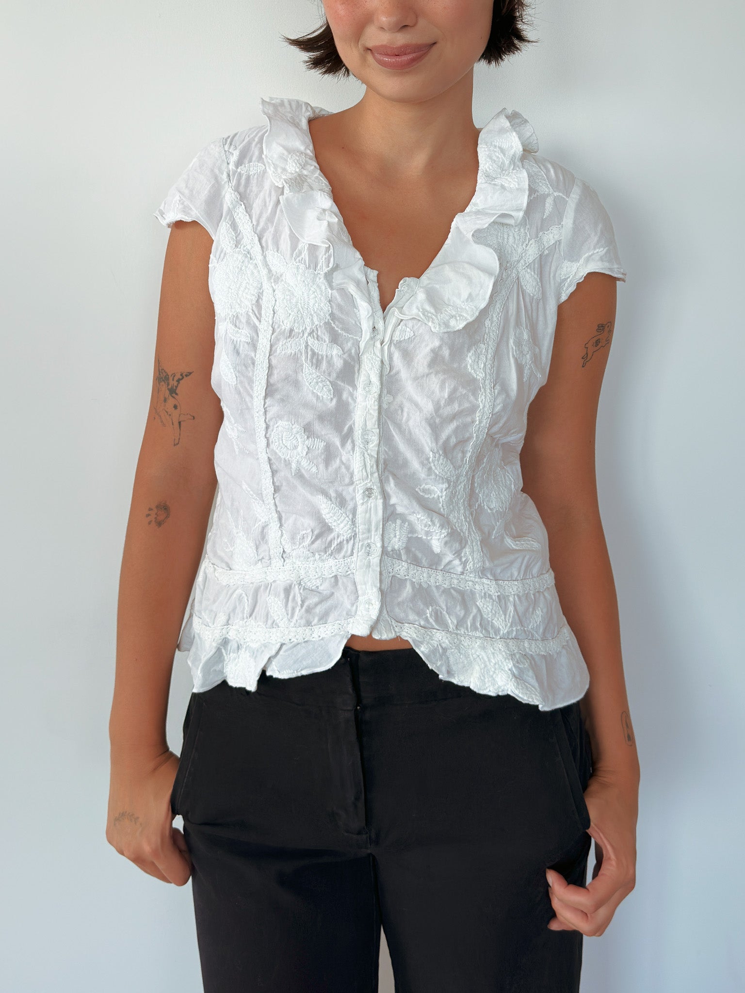 button up frill blouse — size M