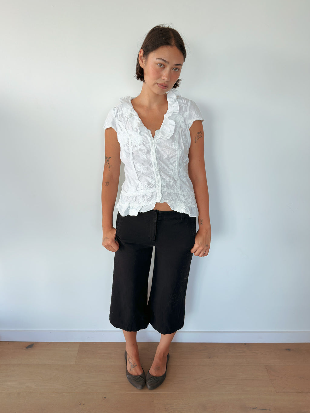 button up frill blouse — size M