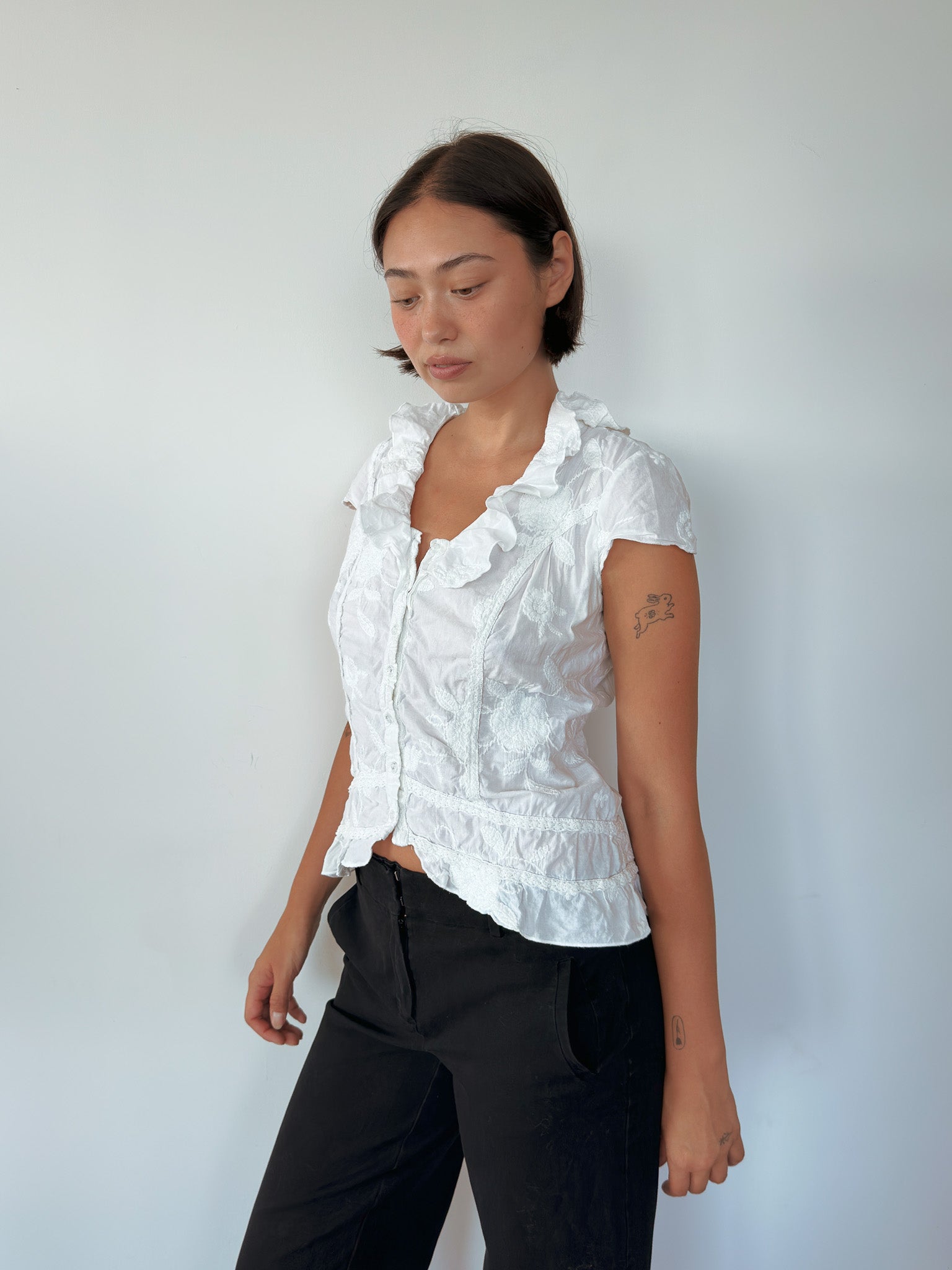 button up frill blouse — size M