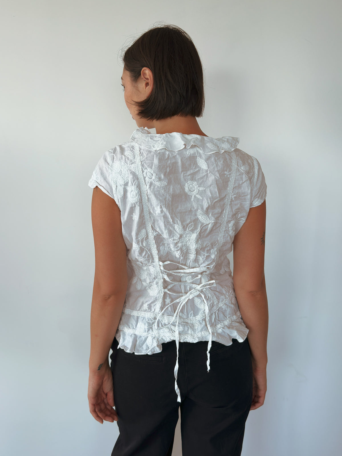 button up frill blouse — size M