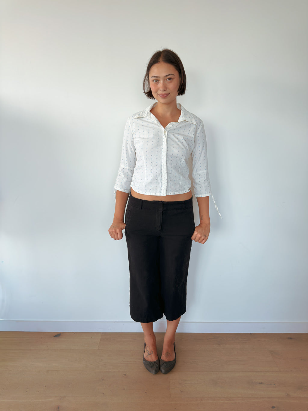 3/4 sleeve polka dot shirt — size S