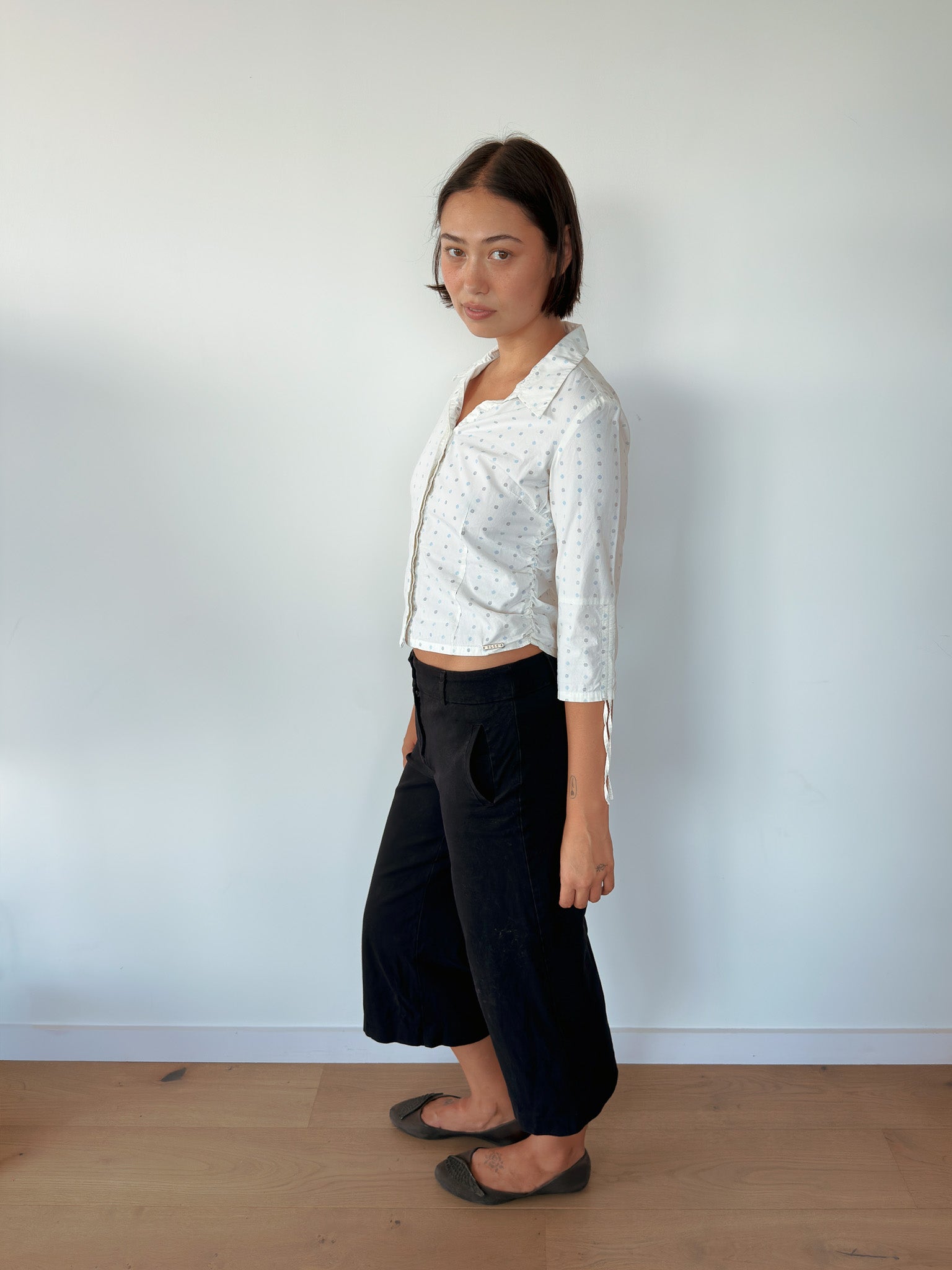 3/4 sleeve polka dot shirt — size S
