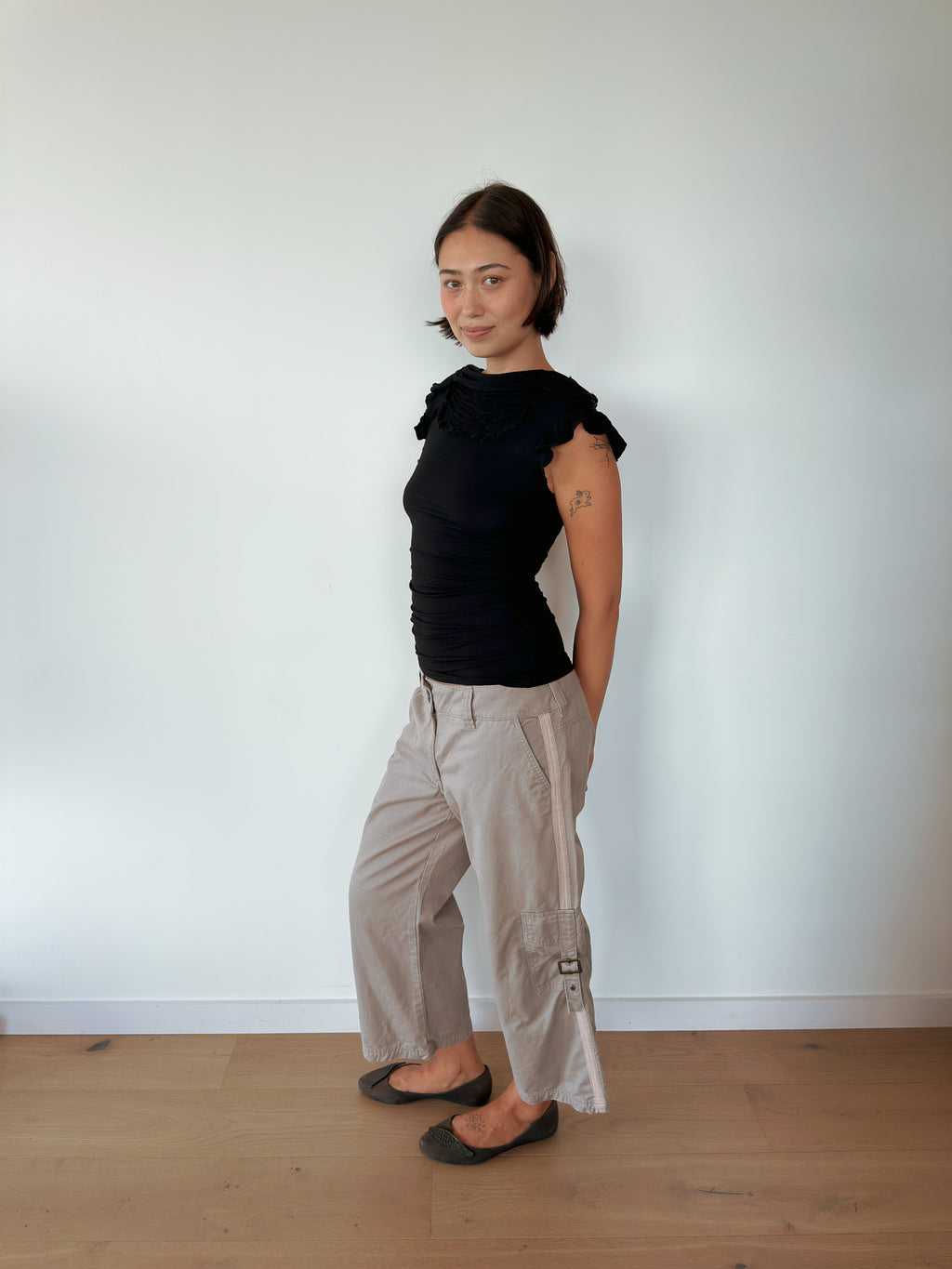 high neck ruffle tee — size S