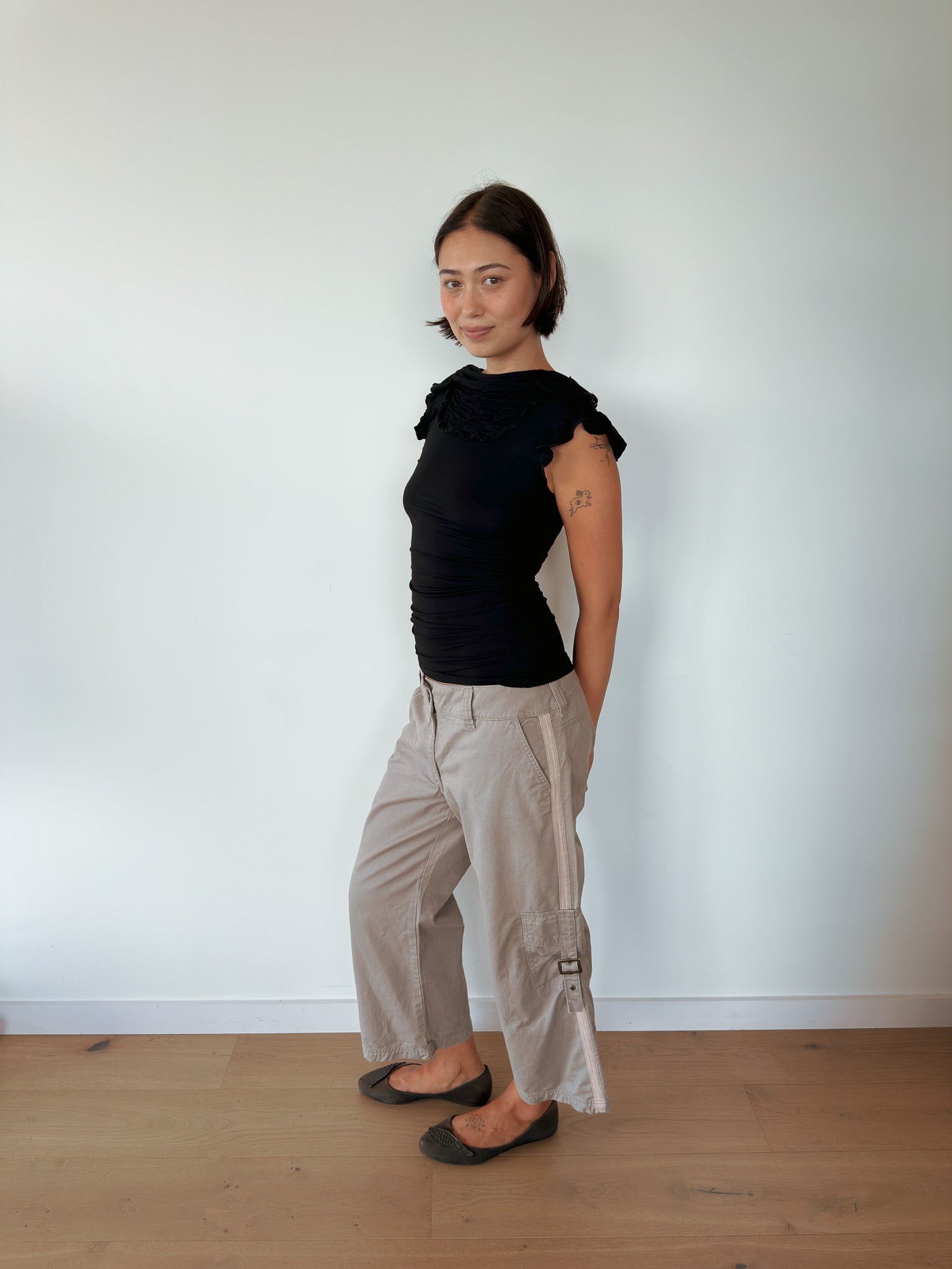 high neck ruffle tee — size S