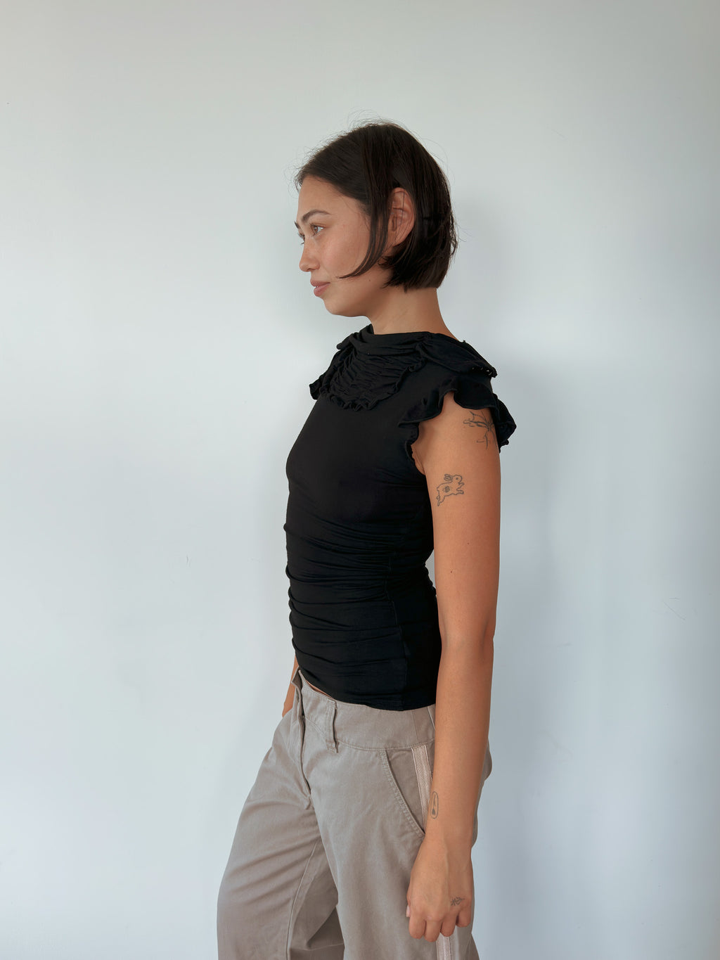 high neck ruffle tee — size S