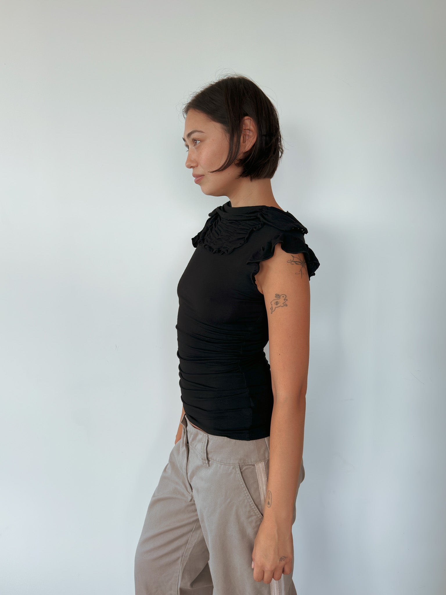 high neck ruffle tee — size S
