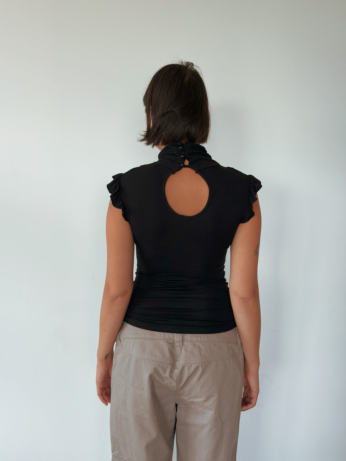 high neck ruffle tee — size S