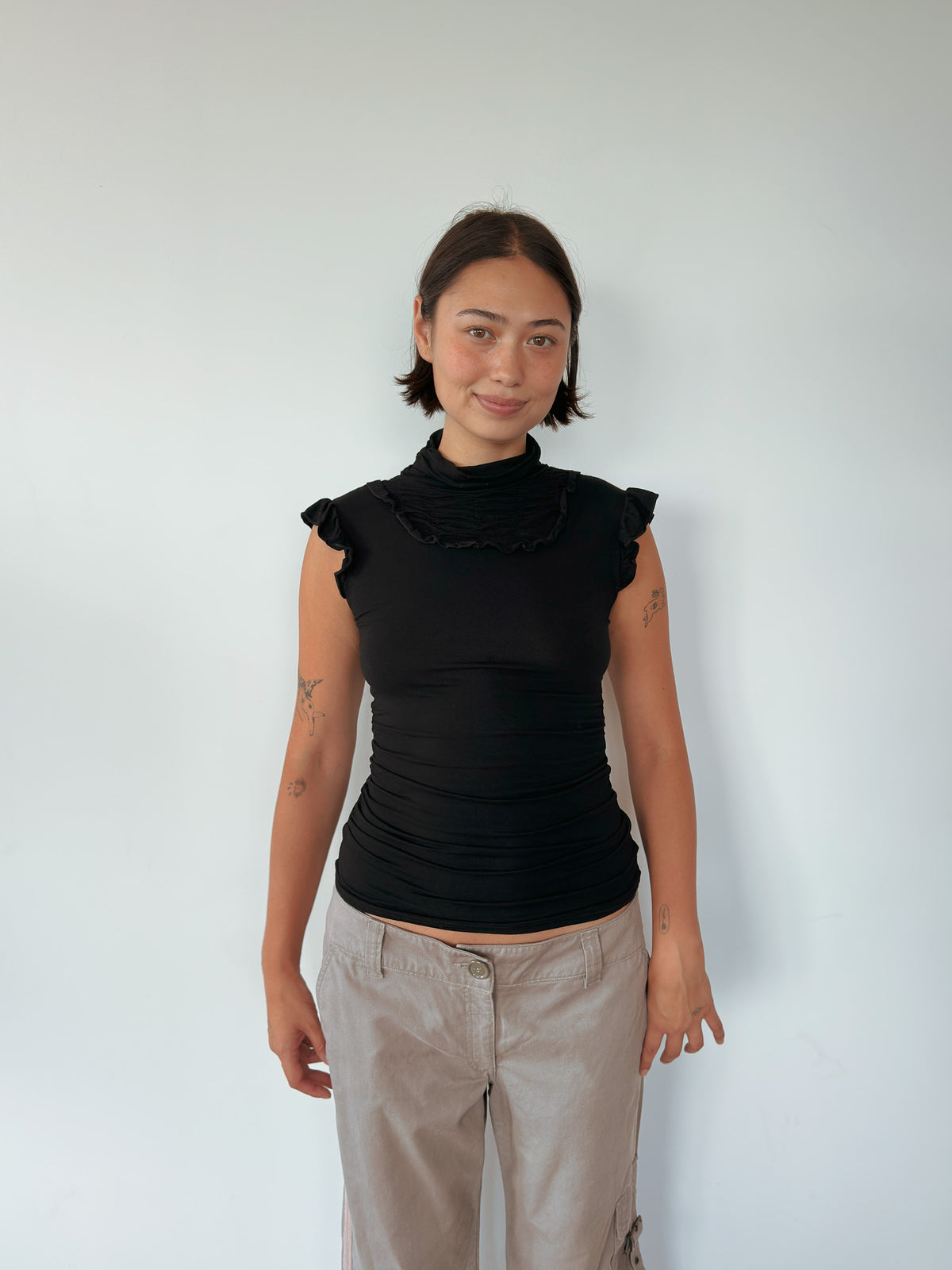 high neck ruffle tee — size S
