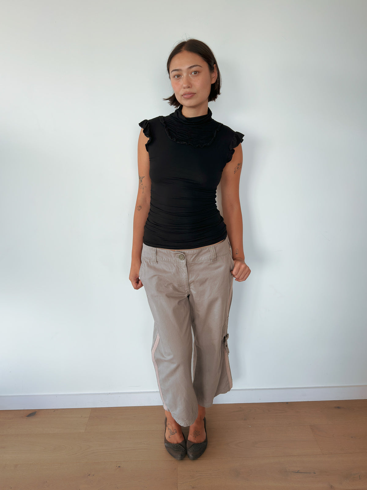 high neck ruffle tee — size S