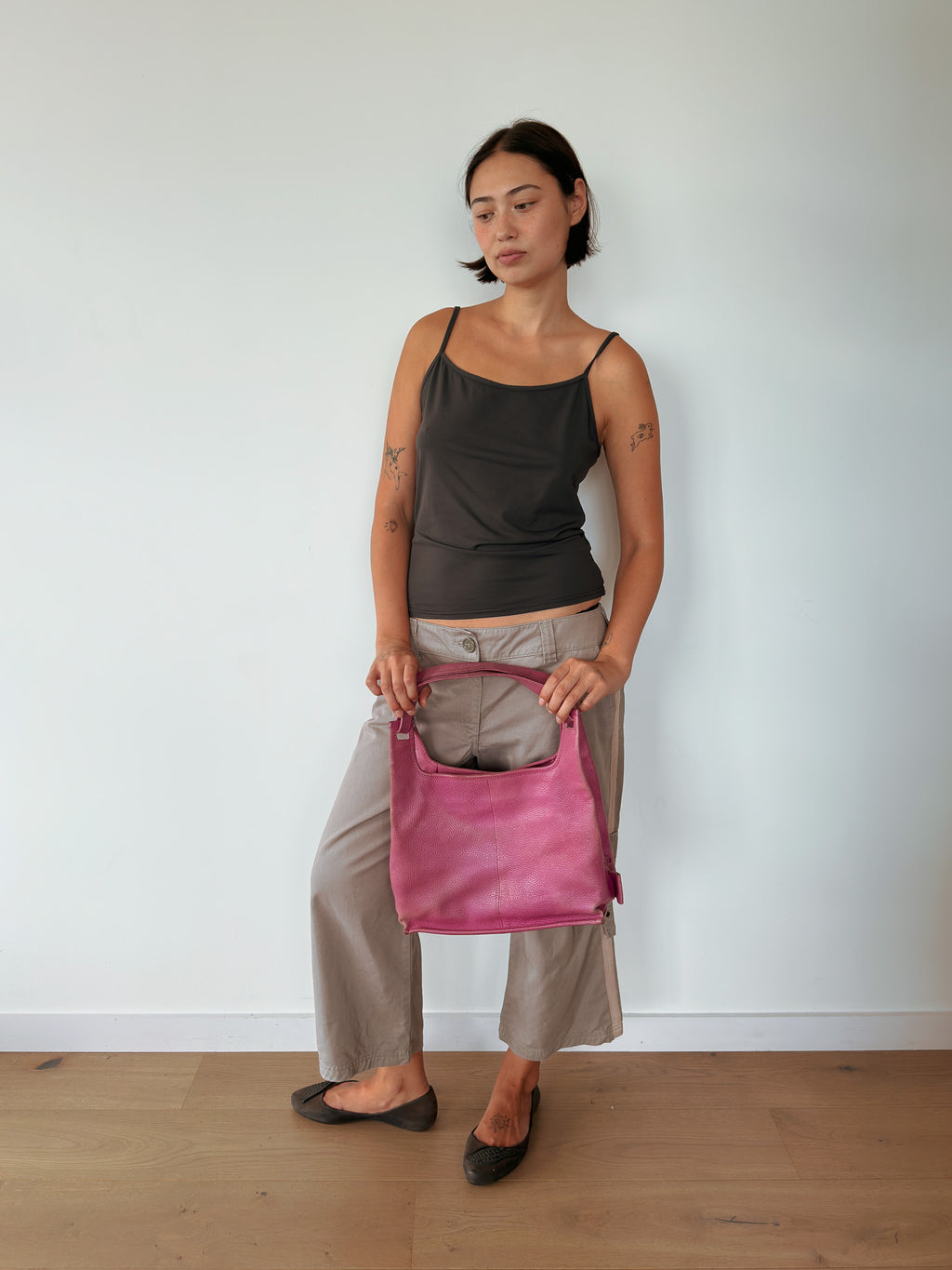pink leather handbag — one size