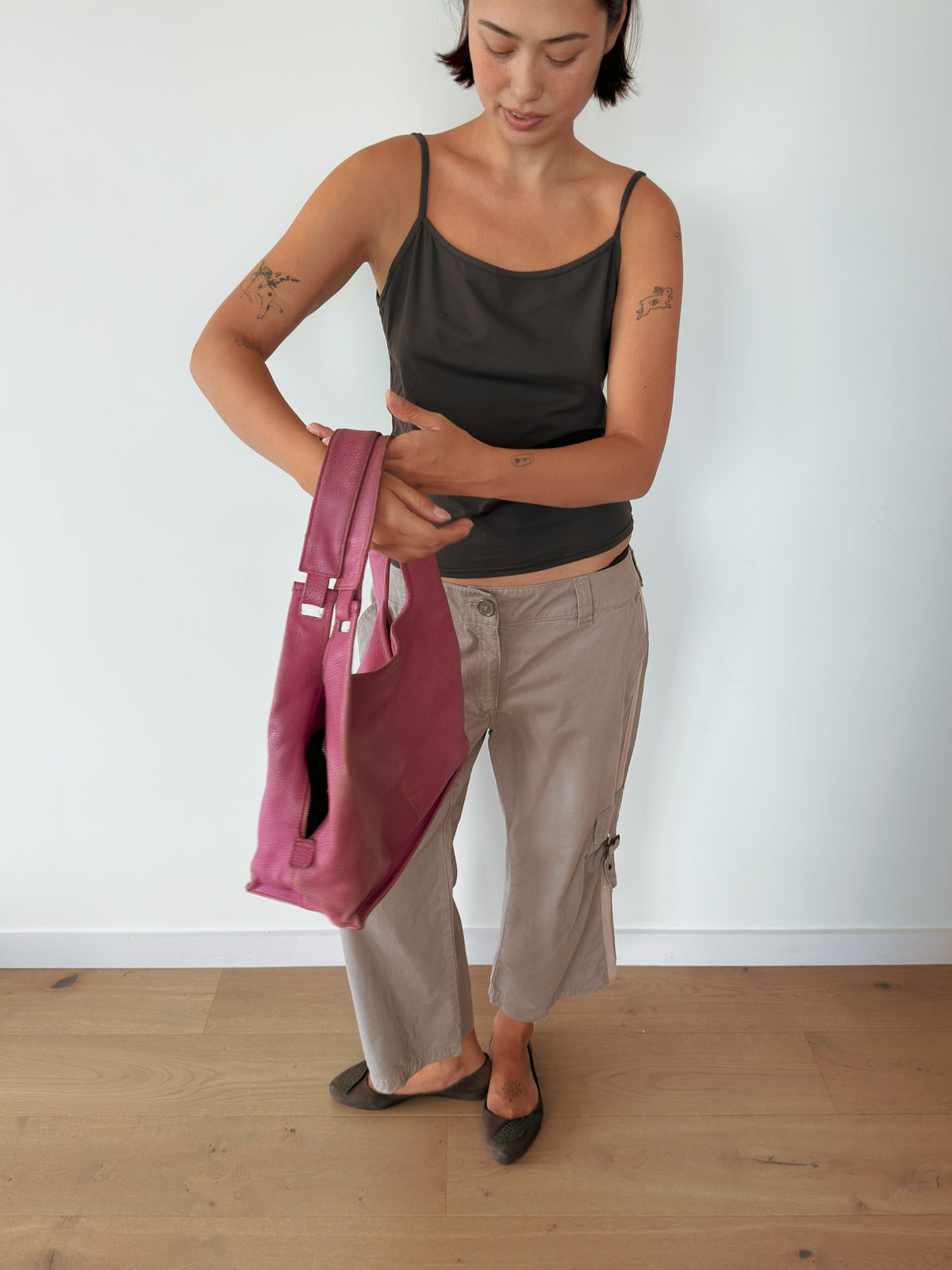 pink leather handbag — one size