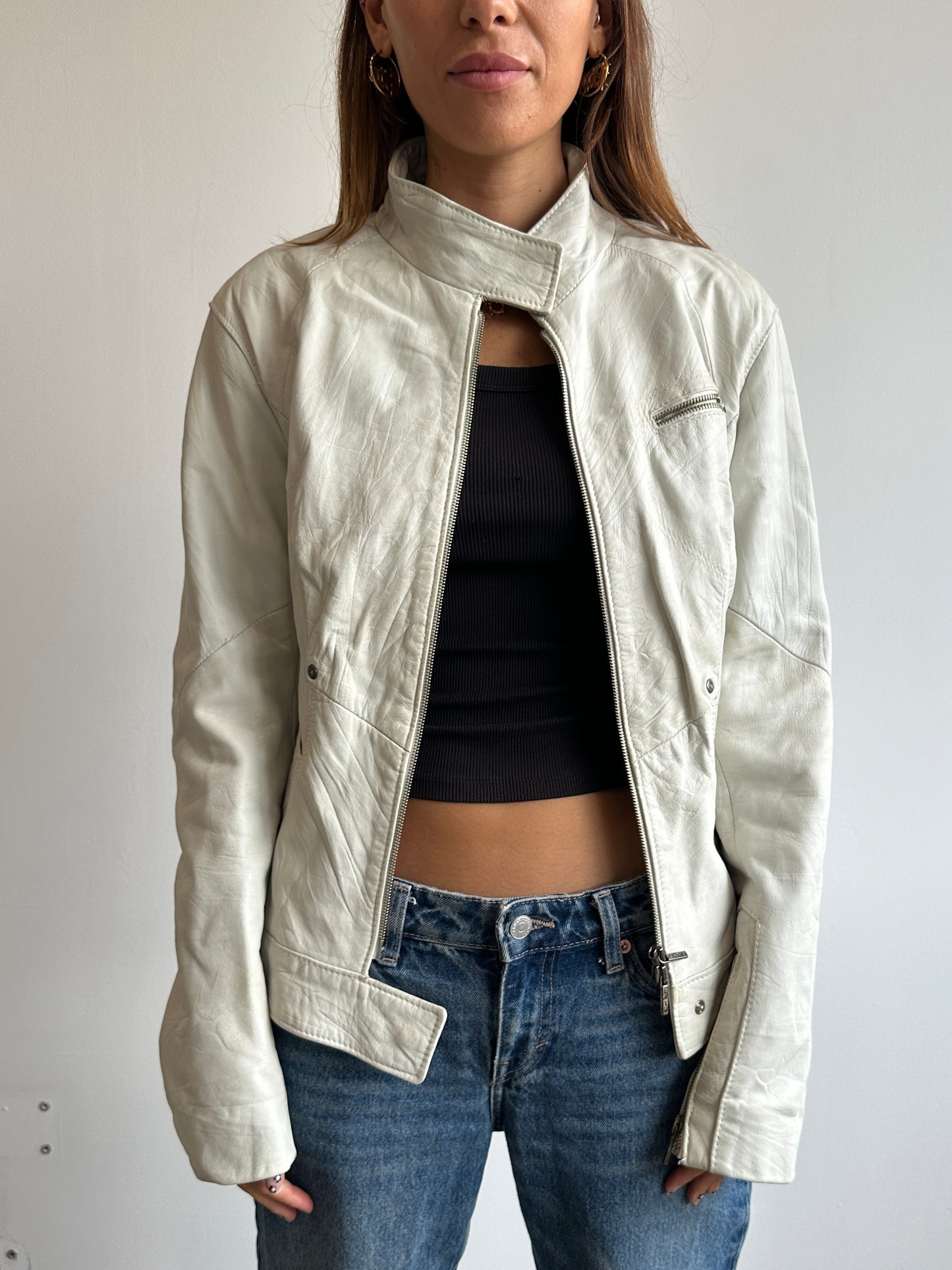 White Leather Moto Jacket - Size S/M