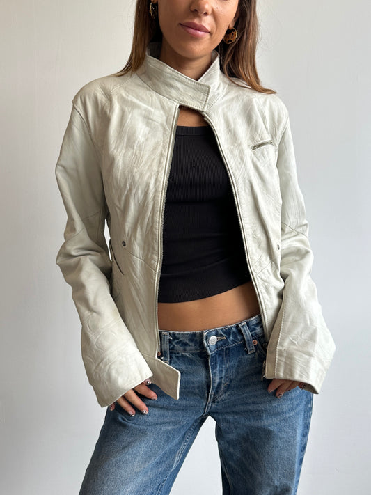 White Leather Moto Jacket - Size S/M