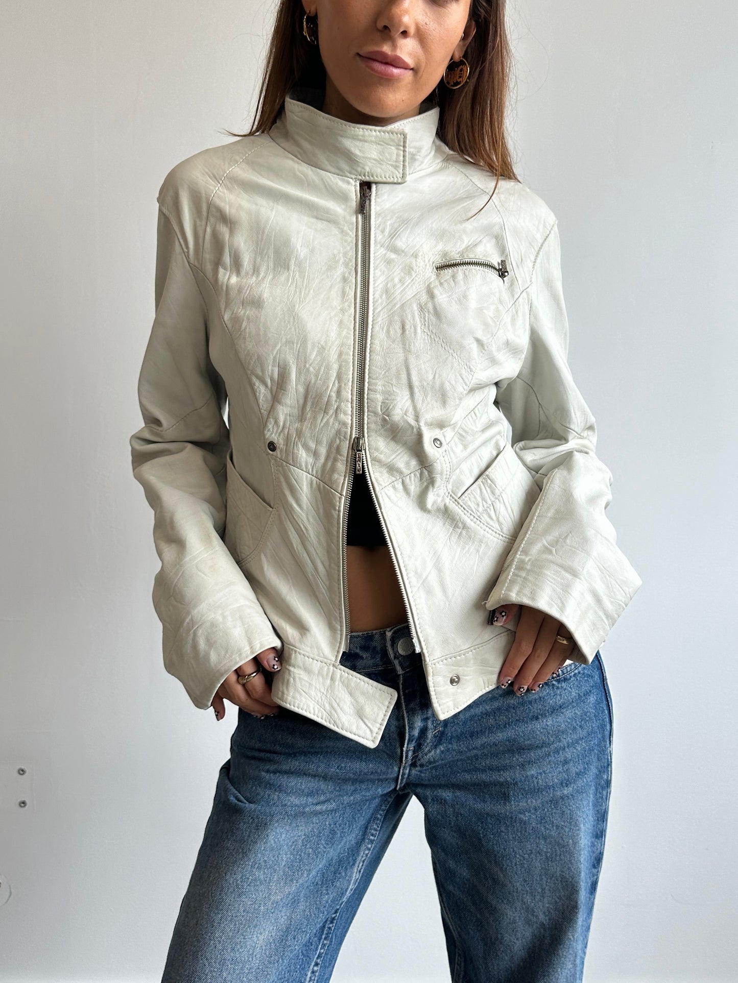White Leather Moto Jacket - Size S/M