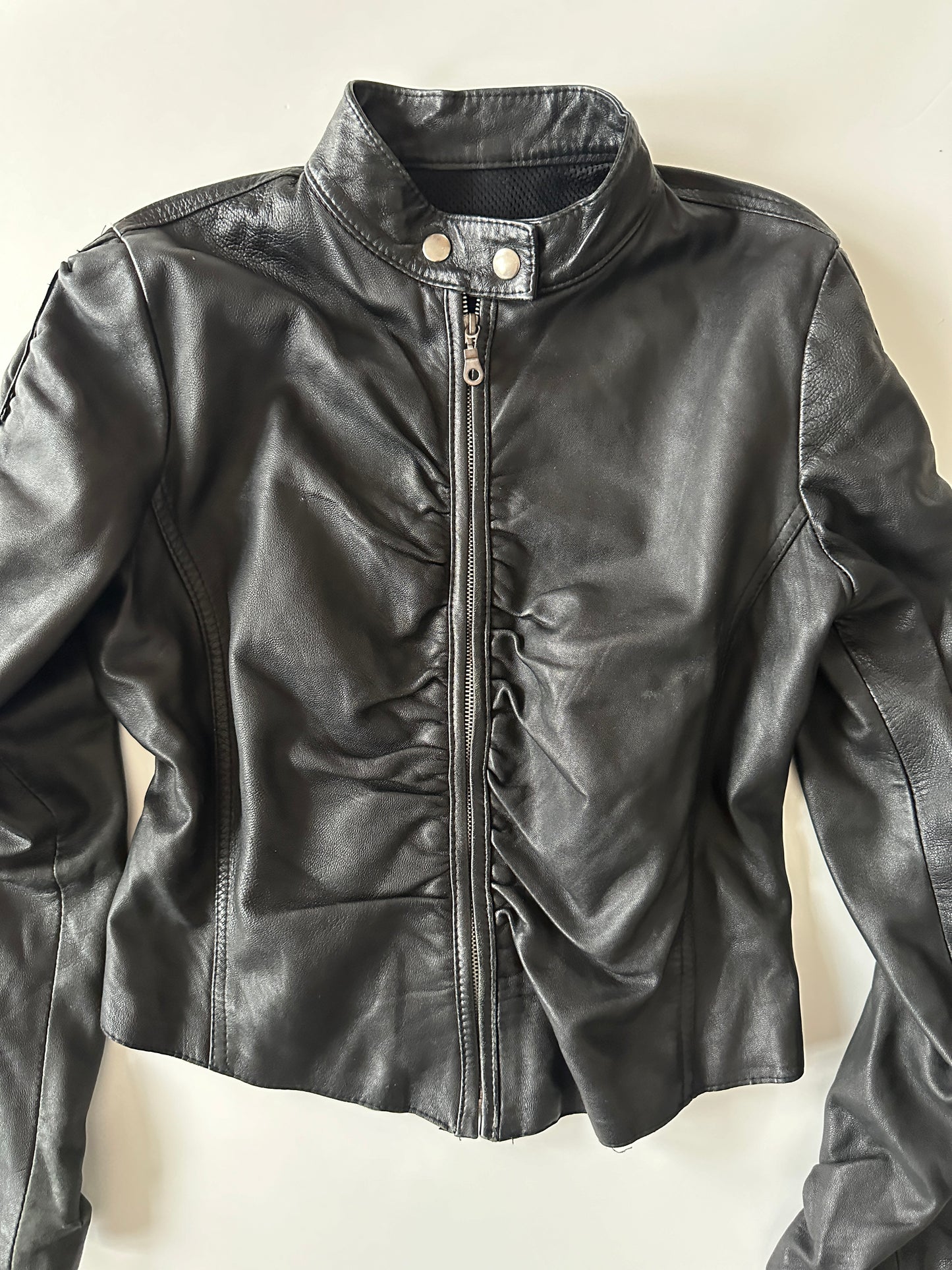 RUCHED LEATHER MOTO JACKET ◦ SIZE S