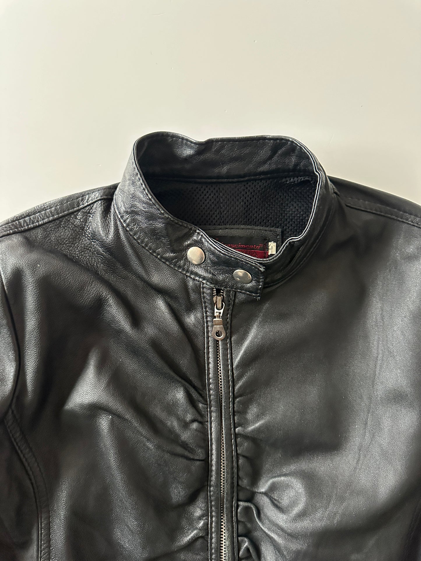 RUCHED LEATHER MOTO JACKET ◦ SIZE S