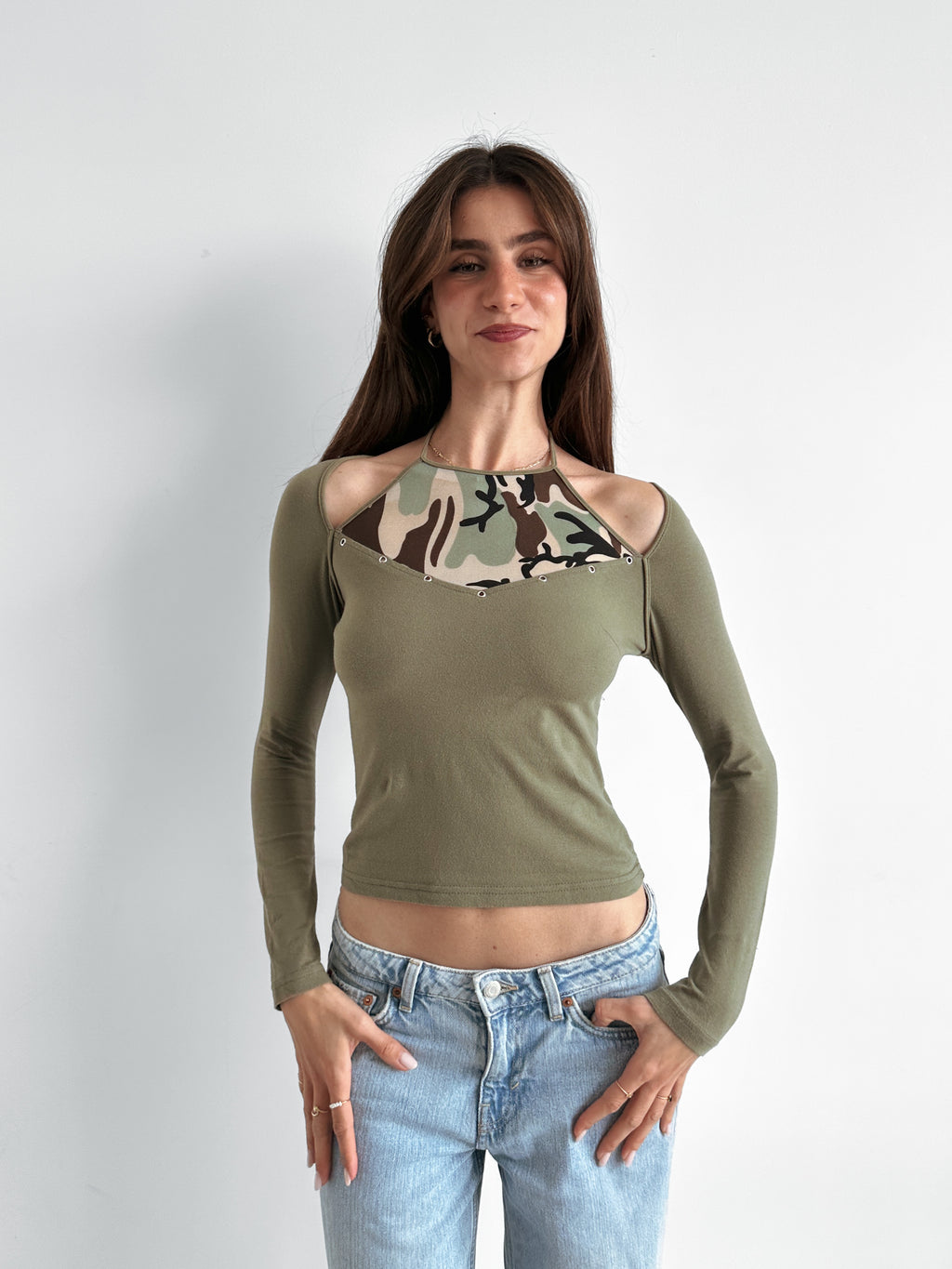 camo eyelet top / size xs