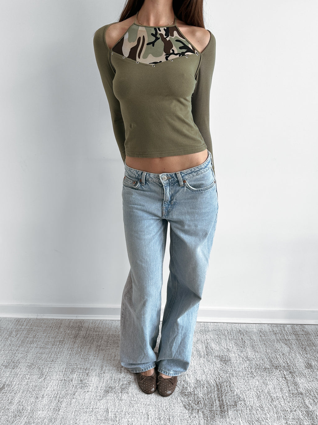 camo eyelet top / size xs