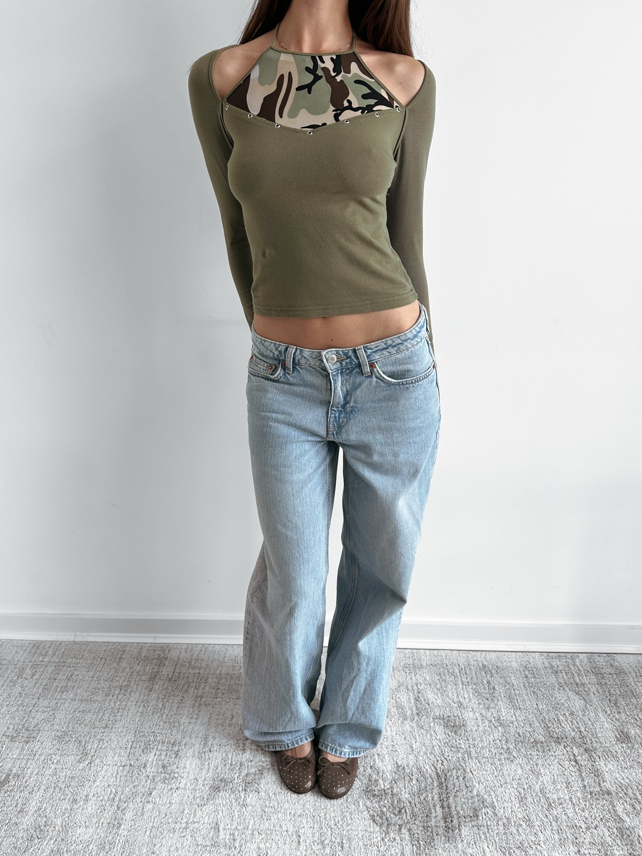 camo eyelet top / size xs