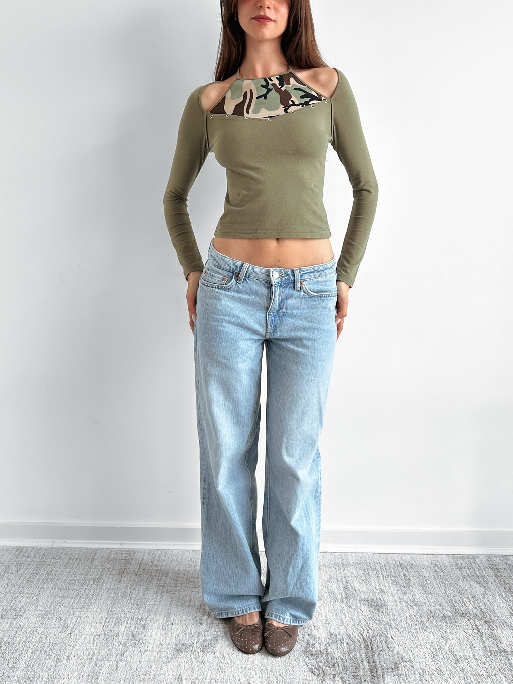 camo eyelet top / size xs