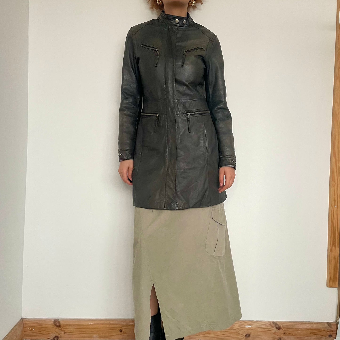 90's Leather Moto Style Trench Jacket - Size S