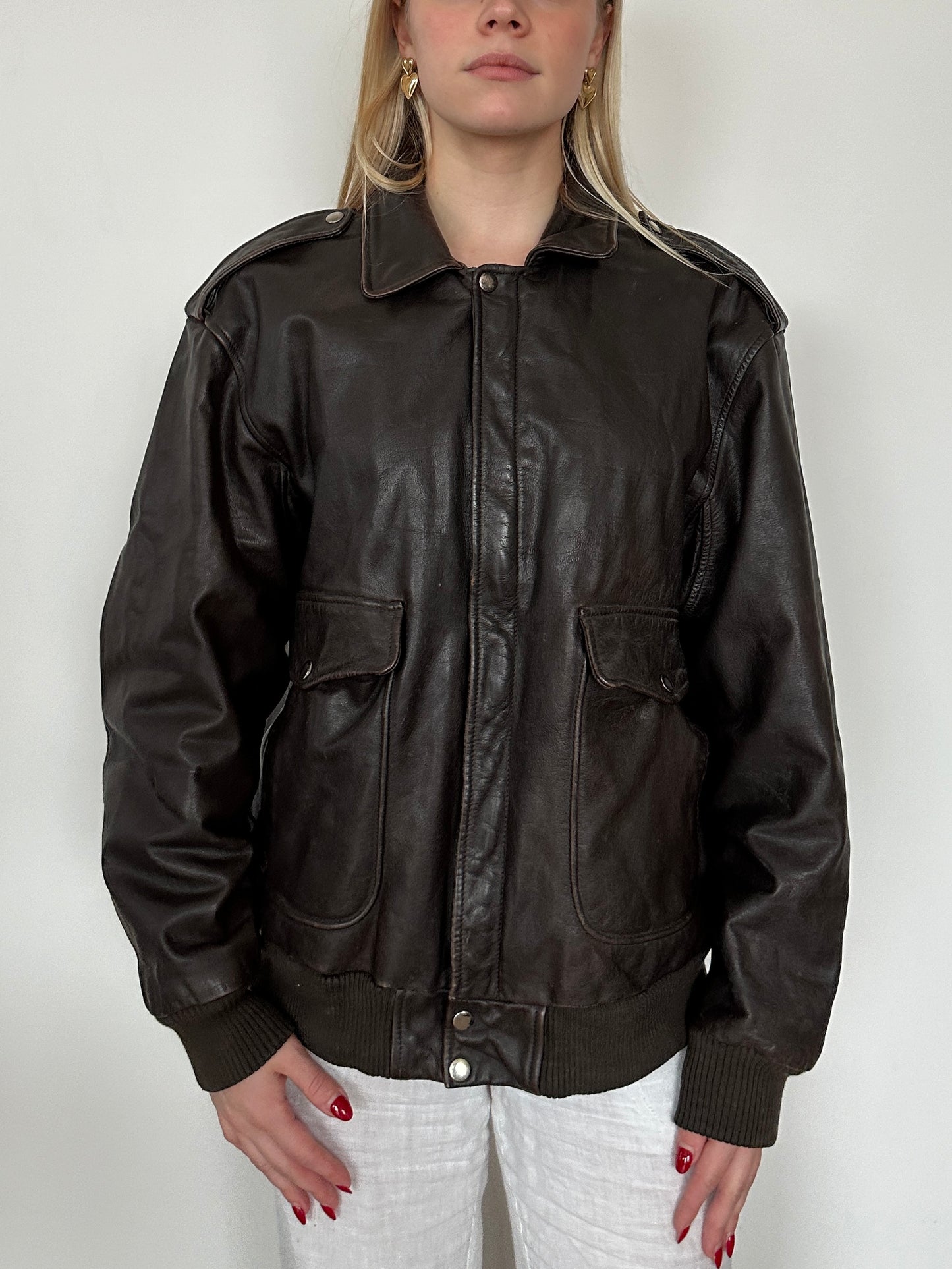 Chocolate Brown Leather Bomber Jacket ⋆ Size L/XL