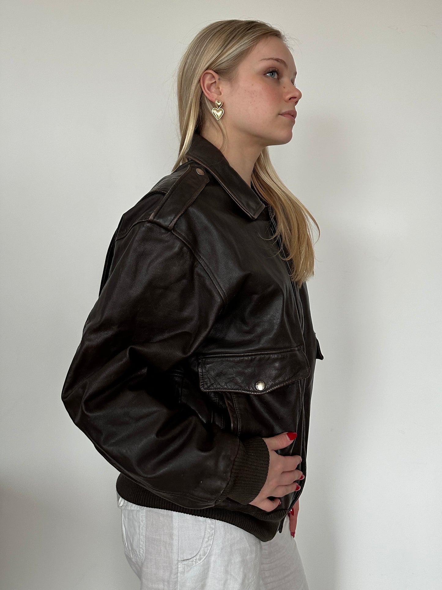 Chocolate Brown Leather Bomber Jacket ⋆ Size L/XL