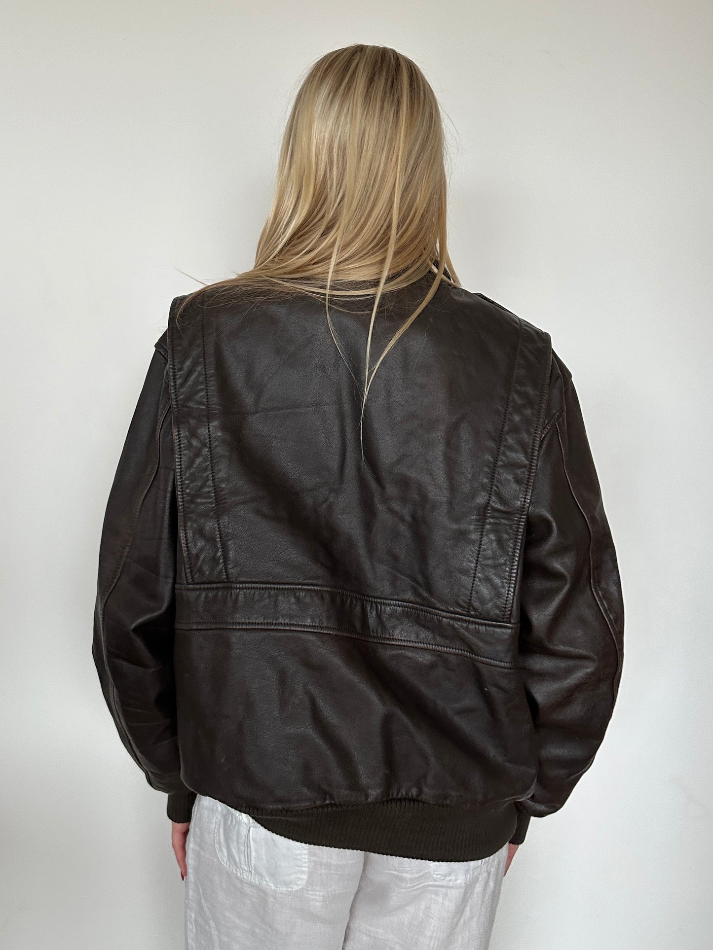 Chocolate Brown Leather Bomber Jacket ⋆ Size L/XL