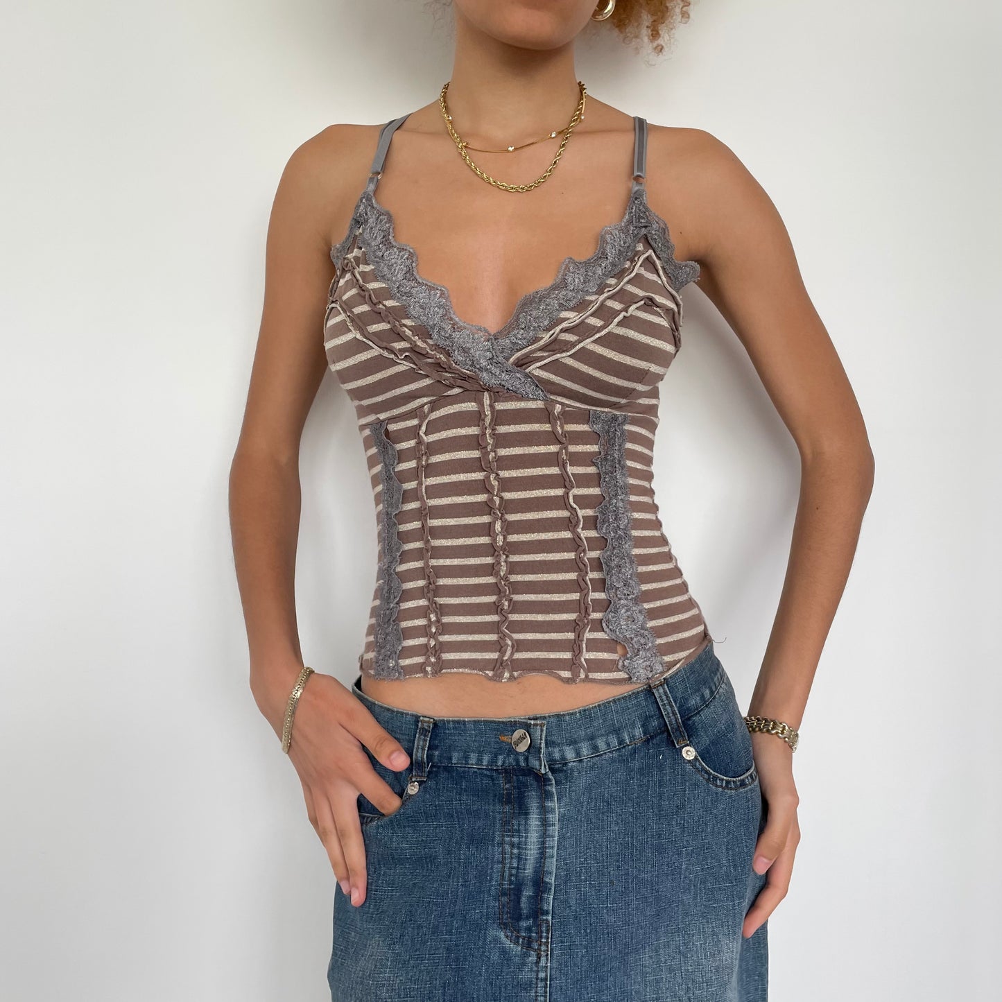 Vintage 00’s Striped Tank Top with Lace Trim - Size XS